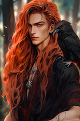 Handsome muscular red-haired man in black clothes, with a raven, on the background of the forest, fantasy art