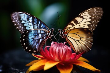 Canvas Print - two butterflies of different gender sharing nectar from a flower