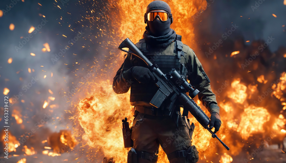 Soldier With Riffle Shadow Soldier face with goggles mask and military uniform, equipment with ...