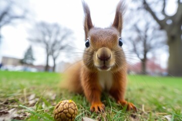 Poster - a close up of a squirrel nibbling on a nut in the park