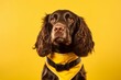 Photography in the style of pensive portraiture of a smiling cocker spaniel wearing a cooling vest against a yellow background. With generative AI technology