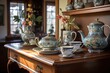 heirloom china tea set on sideboard