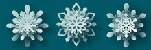 Vector Set White Christmas Paper Cut 3d Snowflake With Shadow On Teal Colored Background. Winter Design Elements For Presentation, Banner, Cover, Web, Flyer, Card, Sale, Poster, Slide And Social Media
