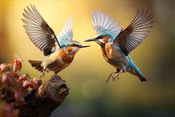 two birds are flapping their wings and contacting each other