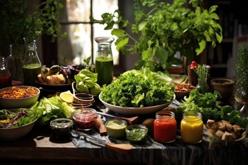 Poster - a table full with various types of salad greens and healthy recipes