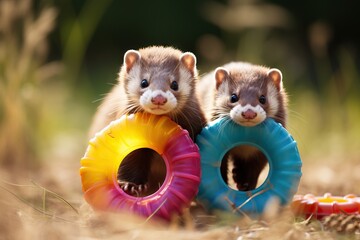 Wall Mural - two ferrets with toys. Ferret as a beloved pet