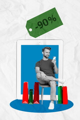 Sticker - Artwork poster collage picture of handsome smiling man sitting chair buy brand clothes online isolated on drawing background