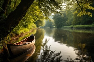 Canvas Print - canoe resting on the bank of a peaceful river