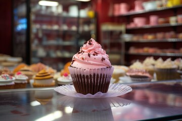 Wall Mural - single fresh cupcake among half-eaten ones in bakery display