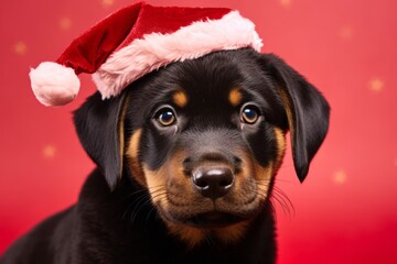 Canvas Print - Close-up portrait photography of a cute rottweiler wearing a christmas hat against a ruby red background. With generative AI technology