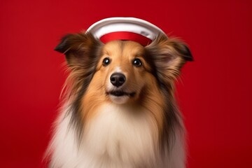 Wall Mural - Lifestyle portrait photography of a cute shetland sheepdog wearing a sailor suit against a ruby red background. With generative AI technology