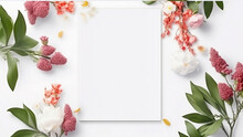 Abstract Top View Of Blank Card With Flower Frame For Congratulation Or Invitation 