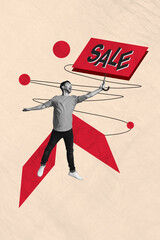 Poster - Vertical composite photo abstract collage of glad astonished man hold sale poster like umbrella isolated creative painted background