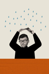 Sticker - Vertical composite creative photo collage of disappointed man hold book over head hiding from rain isolated white color background