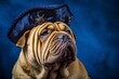 Photography in the style of pensive portraiture of a cute chinese shar pei dog wearing a pirate hat against a sapphire blue background. With generative AI technology