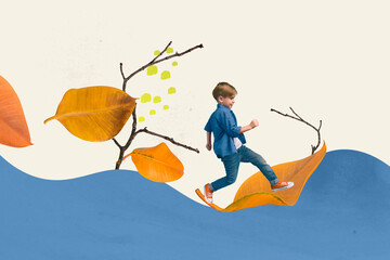 Creative composite photo collage of small optimistic schoolboy standing on large fallen leaf riding waves isolated drawing background