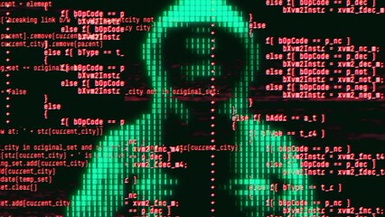 Wall Mural - computer hacker with hoodie and glitch face. computer abstract digital code at the background. darkn