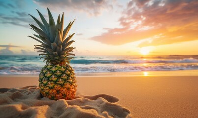 Wall Mural - Pineapple fruit on sandy tropical beach with sky at sunset and sea water, blue ocean background with copy-space. Leisure in summer and holiday vacation concept.