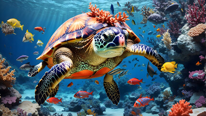  turtle with group of colorful fish and sea animals with colorful coral underwater in ocean. Generative AI