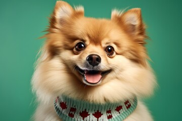 Canvas Print - Headshot portrait photography of a cute pomeranian wearing a festive sweater against a spearmint green background. With generative AI technology