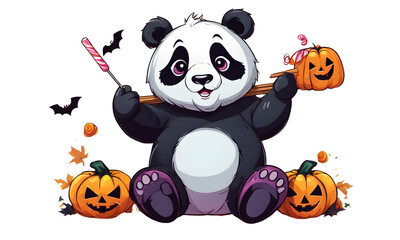 Wall Mural - A cute Panda celebrates Halloween with pumpkin candy (PNG 12000x7200)