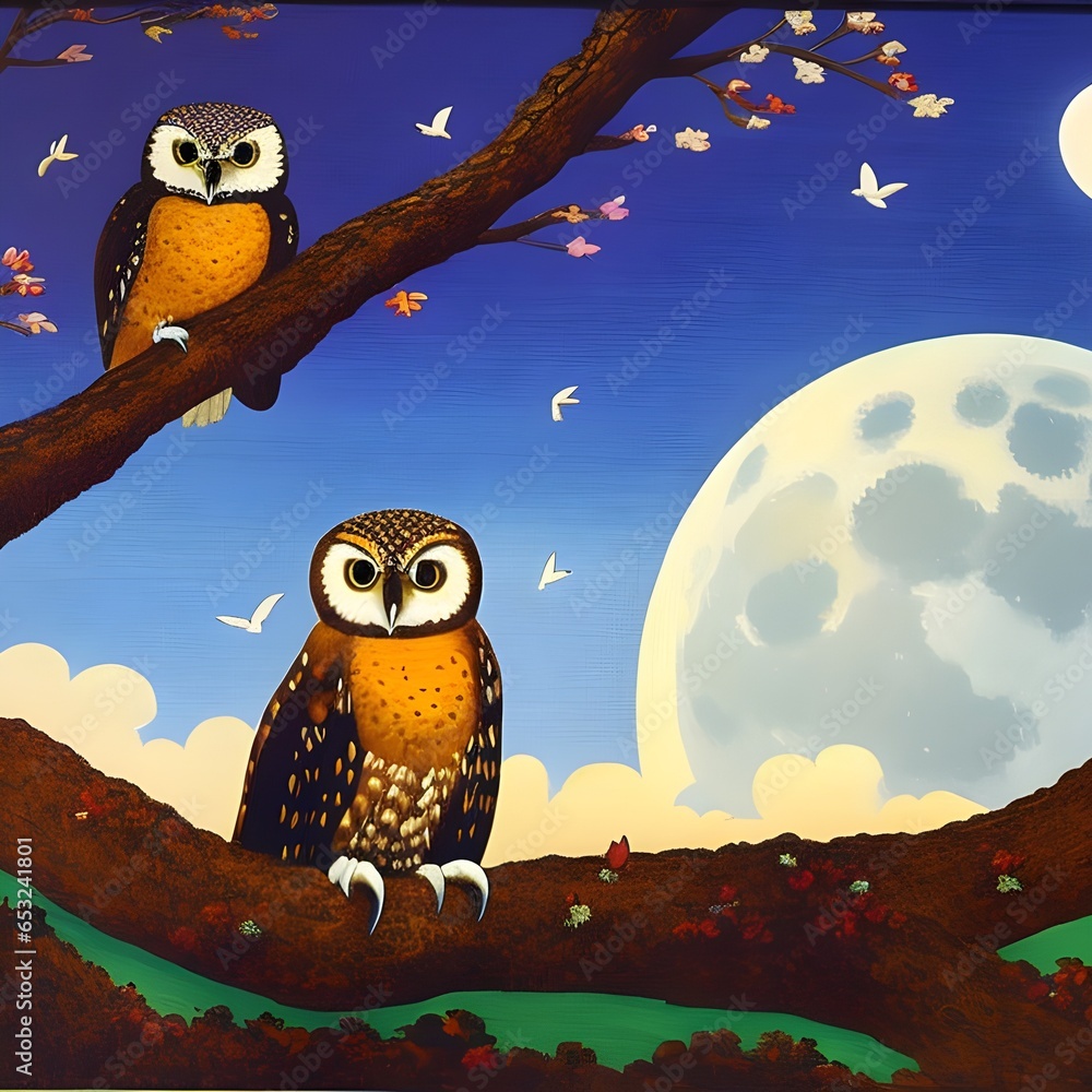 Owls sit on the branches of a tree at night during the full moon. The ...