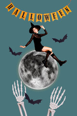 Poster - Vertical composite creative artwork photo collage of skeleton arms stretching to positive witch sit on moon isolated on drawing background