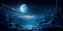 Moonlit Winter Night With A Forest Bathed In Shades Of Deep Midnight Blue And Silver.