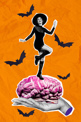 Poster - Vertical composite abstract illustration creative photo collage of funky witch dancing on brains in big arm isolated on drawing background