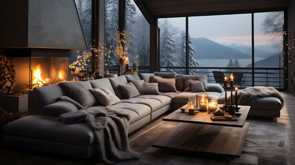 Interior of a cozy winter living room with fireplace and comfortable sofas