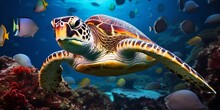 Deep In The Ocean, A Turtle Is Accompanied By A Group of Colorful Fish And Other Aquatic Creatures, Generative AI.