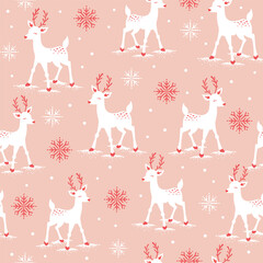 Wall Mural - Seamless Pattern of Cute Christmas Reindeer with Snowflakes- Christmas Reindeer vector Illustration