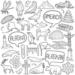 Poster - Alaska Travel Doodle Icons. Hand Made Line Art. Alaskan Theme Clipart Logotype Symbol Design.