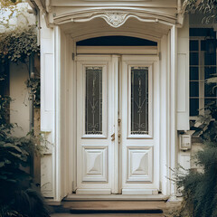 Vintage Covered Stylish Old Ornate White Wooden One Step Stairs Exterior Residence Wooden Street Entrance Door to Weathered Luxury Mansion House Shrubbery & Grass Landscaping Welcome Home Suburbs 