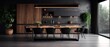 © Onchira - large kitchen room with modern interior design with wood table and chairs for home against the background a dark classic wall, Generative AI