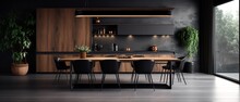 Large Kitchen Room With Modern Interior Design With Wood Table And Chairs For Home Against The Background A Dark Classic Wall, Generative AI