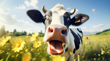 A Crazy Funny Spotted Black And White Cow Looks At The Camera And Laughs On A Green Meadow With Flowers Under A Blue Sky On A Sunny Summer Day. Copy Space. Organic Dairy Product Concept
