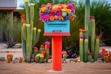 A Vibrant, Colorful Mailbox Amidst Tall Desert Cacti