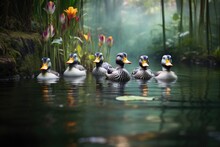 Ducks Swimming Together In A Row In A Pond