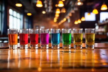 Sticker - a round of multi-colored shots lined up on a bar