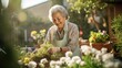 An elderly woman planting flowers in a small garden