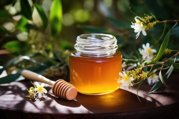 Poster - a jar of honey surrounded by native plants