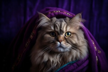 Wall Mural - smiling british longhair cat wearing a pharaoh costume in front of deep purple background