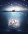 © psychoshadow - Boy sailing in a paper boat searching for the moon sunken underwater. Satellite drowned in the ocean water in a mysterious night with falling stars. Surreal background, mystical adventure concept