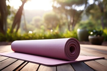 Wall Mural - a yoga mat rolled out in a tranquil outdoor setting