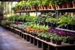 a row of discounted plants in a garden center