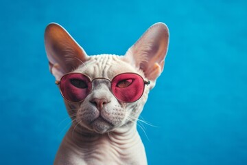 Wall Mural - cute devon rex cat wearing a trendy sunglasses over sapphire blue background