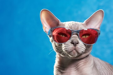 Wall Mural - cute devon rex cat wearing a trendy sunglasses over sapphire blue background