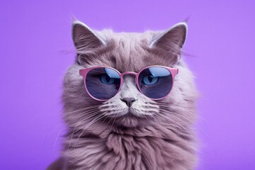 Wall Mural - happy nebelung cat wearing a trendy sunglasses over lilac purple background