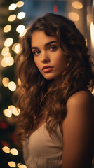 Wall Mural - Portrait of Radiant Young Woman Celebrating the Holidays in a Festive Christmas Setting, High-Quality Seasonal Photography